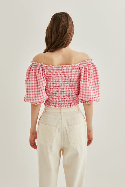 CHECKERED PATTERN COILED BLOUSE