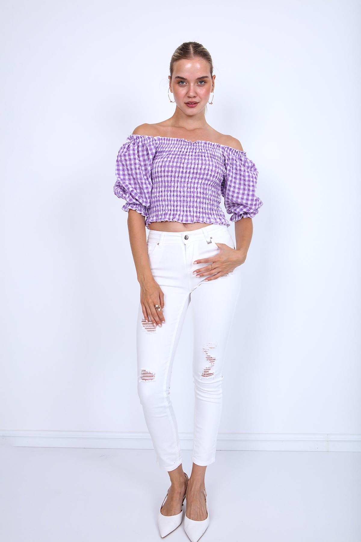 CHECKERED PATTERN COILED BLOUSE
