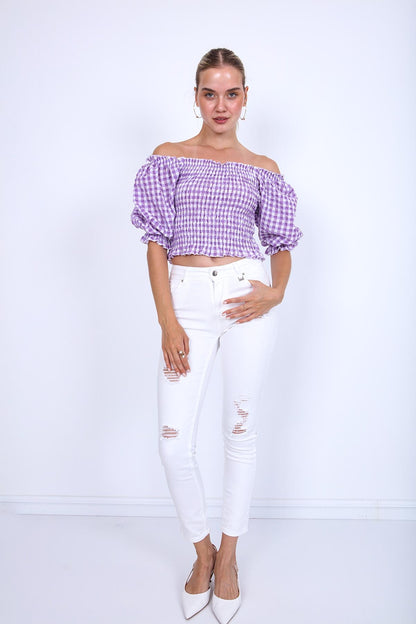 CHECKERED PATTERN COILED BLOUSE