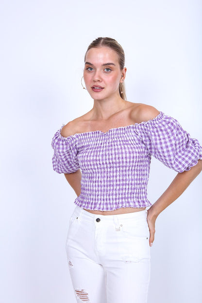 CHECKERED PATTERN COILED BLOUSE