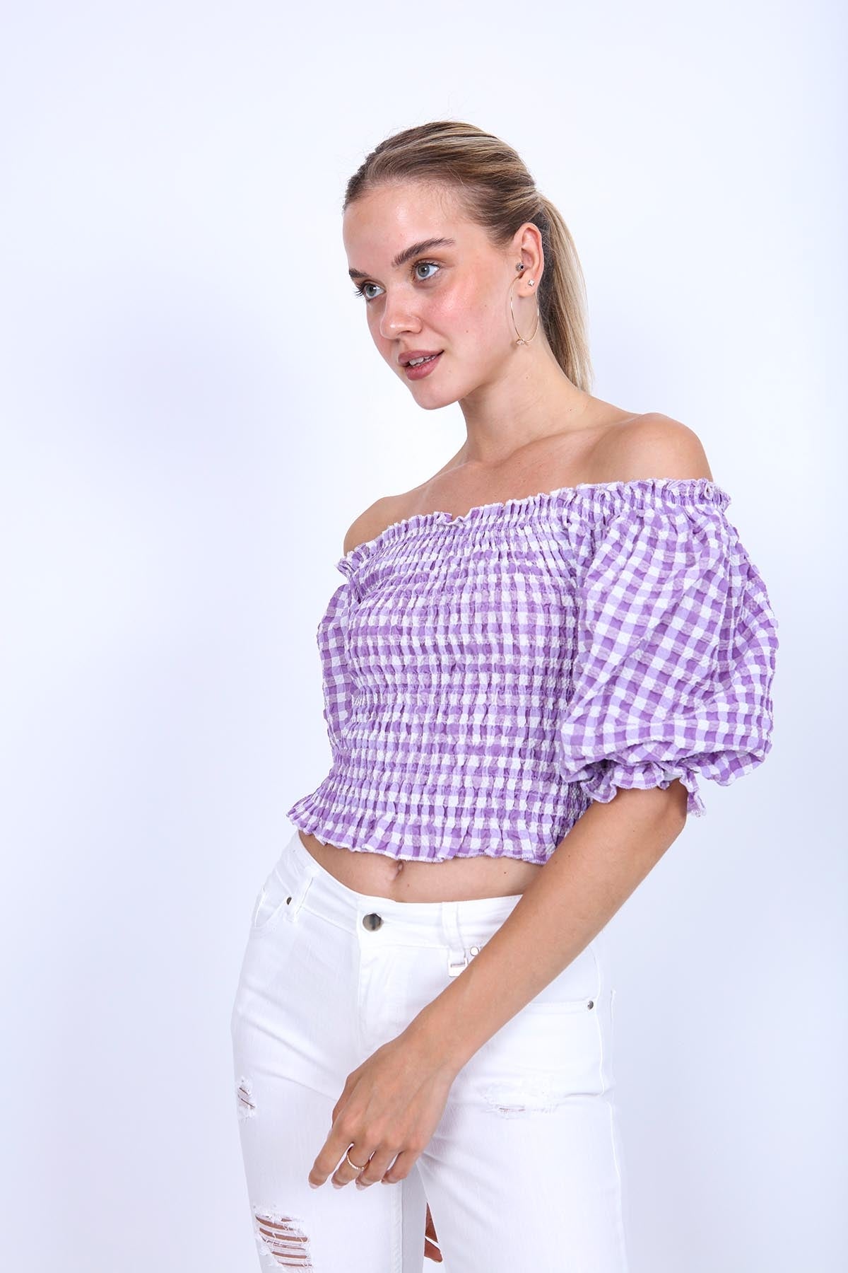 CHECKERED PATTERN COILED BLOUSE