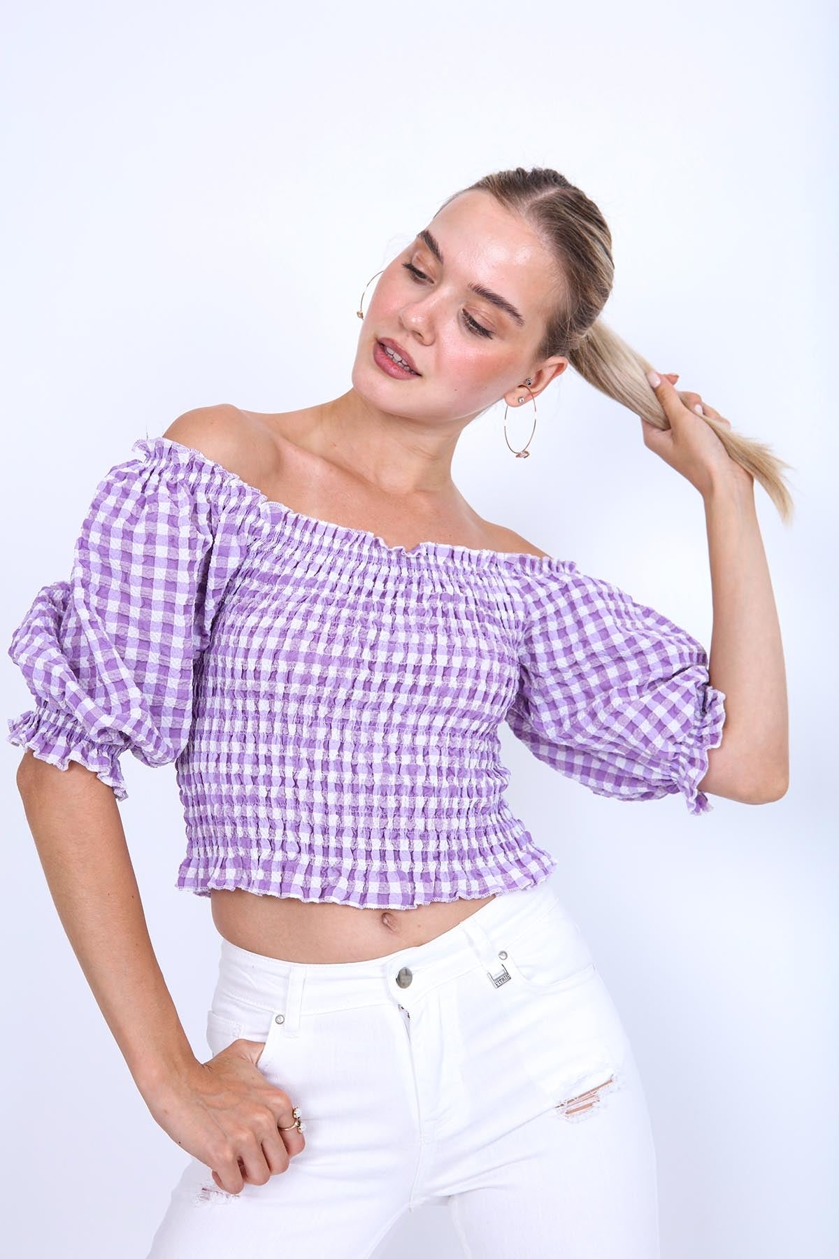 CHECKERED PATTERN COILED BLOUSE