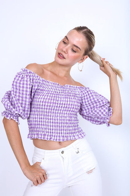 CHECKERED PATTERN COILED BLOUSE