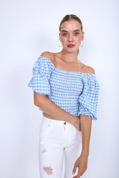 CHECKERED PATTERN COILED BLOUSE