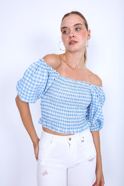 CHECKERED PATTERN COILED BLOUSE
