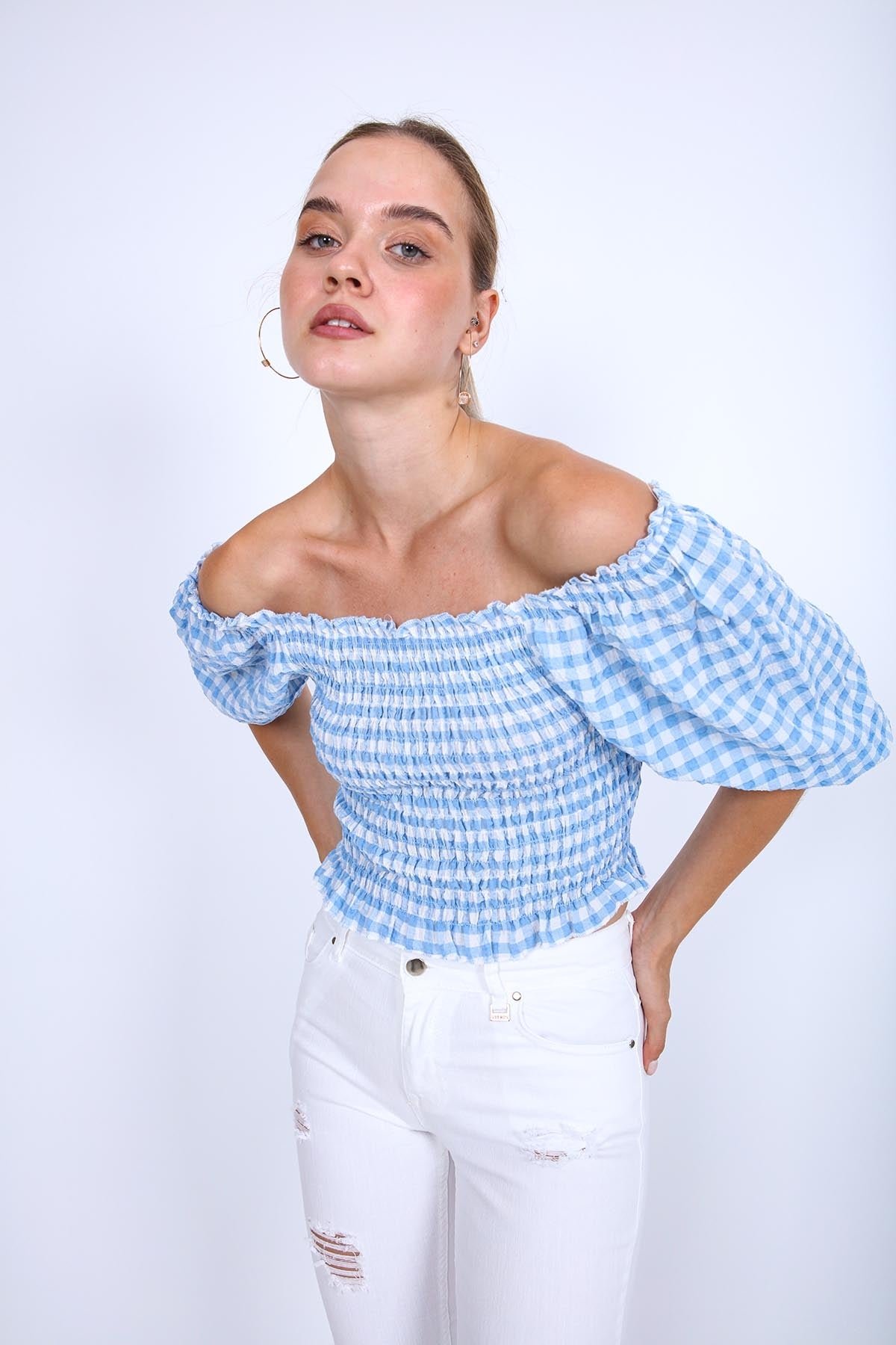 CHECKERED PATTERN COILED BLOUSE