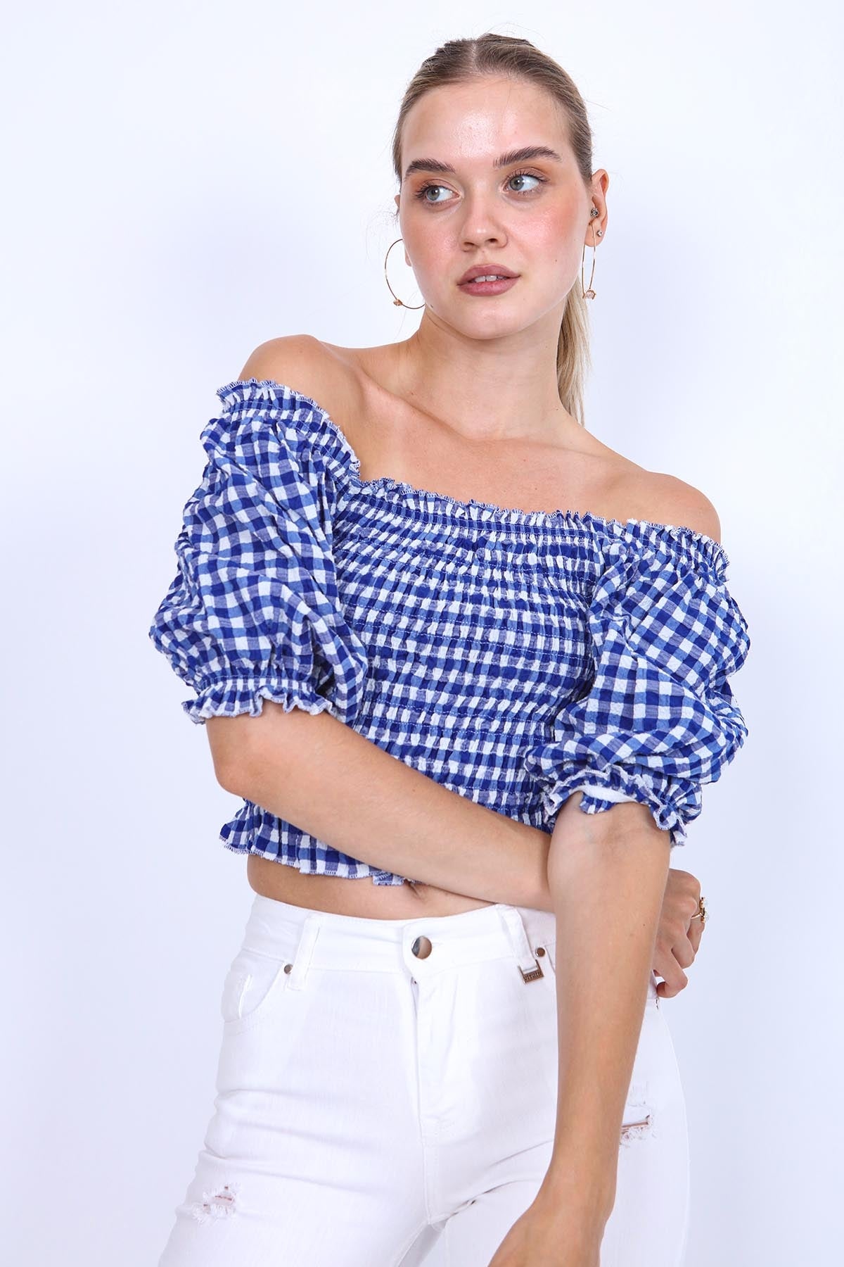 CHECKERED PATTERN COILED BLOUSE