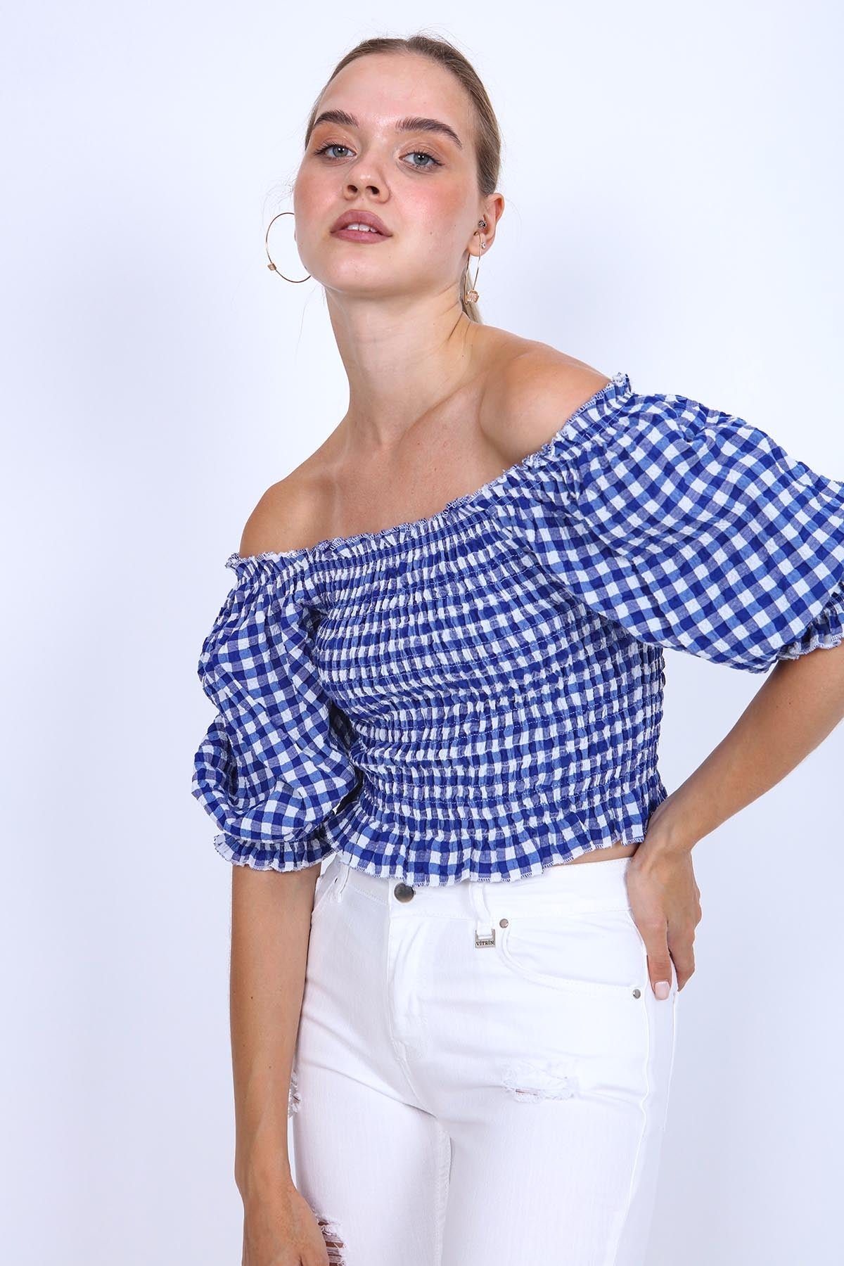 CHECKERED PATTERN COILED BLOUSE