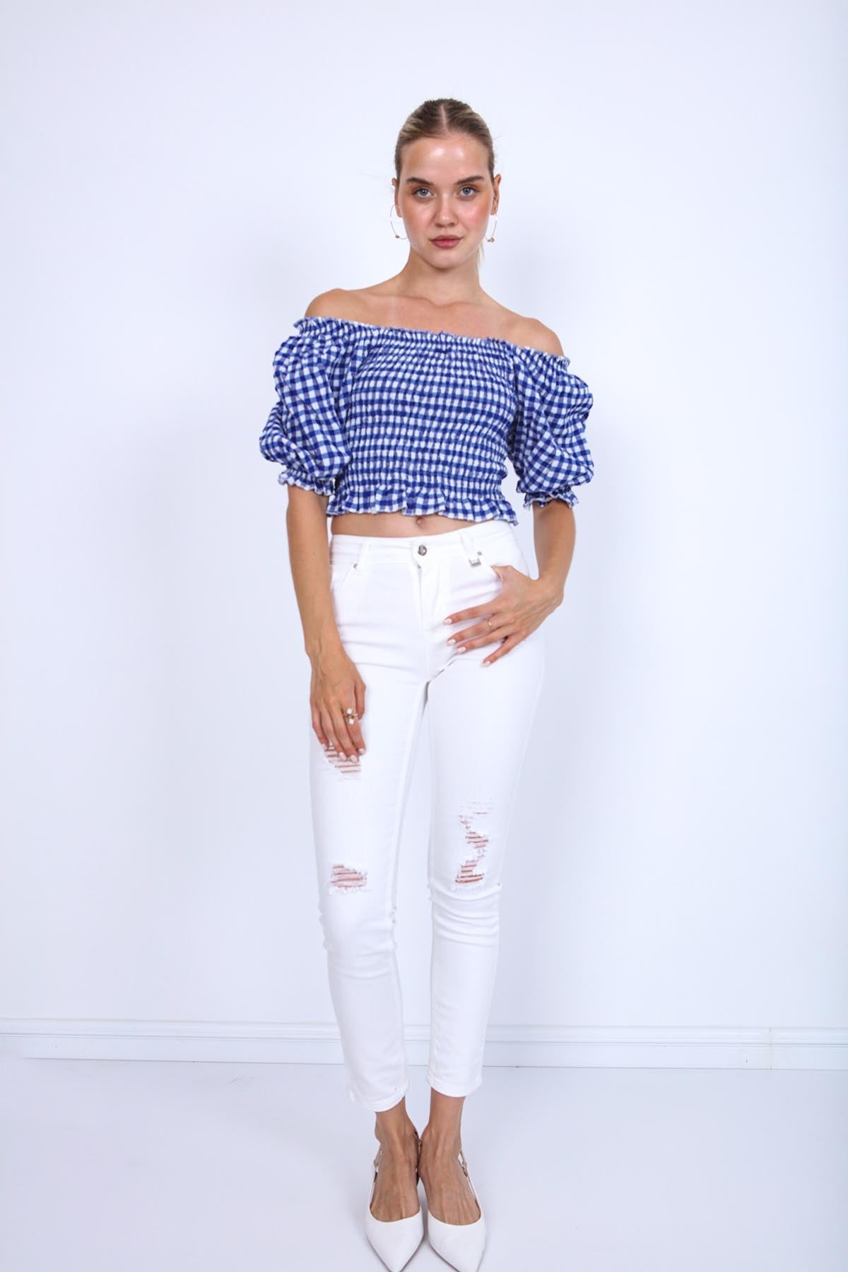 CHECKERED PATTERN COILED BLOUSE