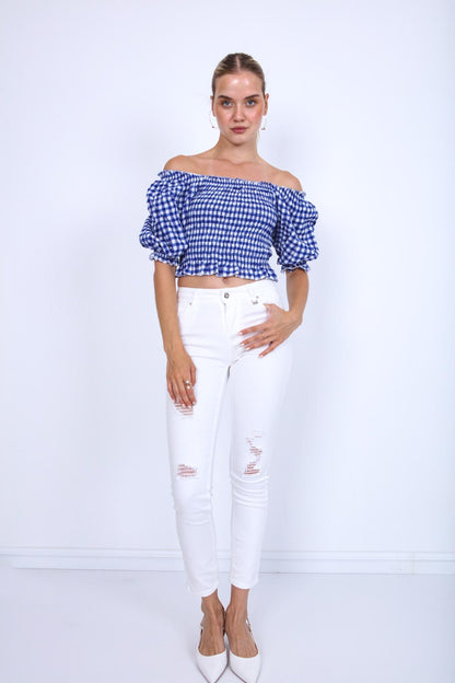 CHECKERED PATTERN COILED BLOUSE