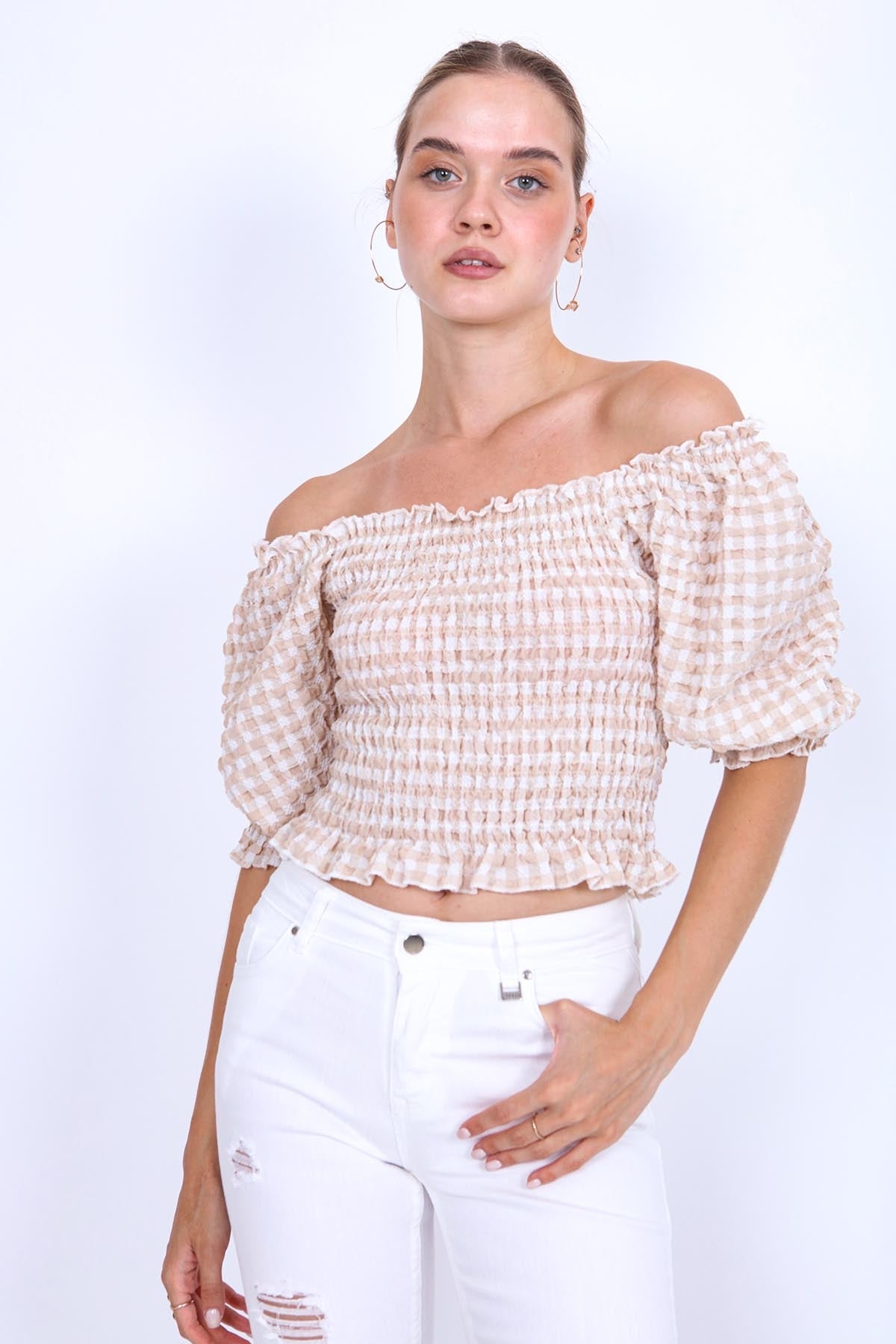 CHECKERED PATTERN COILED BLOUSE