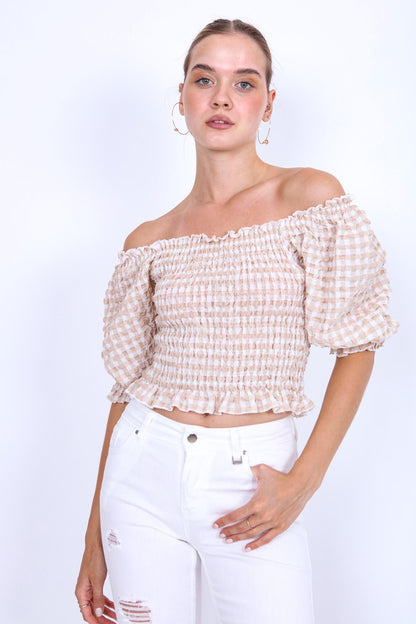 CHECKERED PATTERN COILED BLOUSE