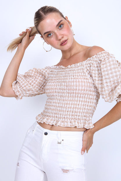 CHECKERED PATTERN COILED BLOUSE