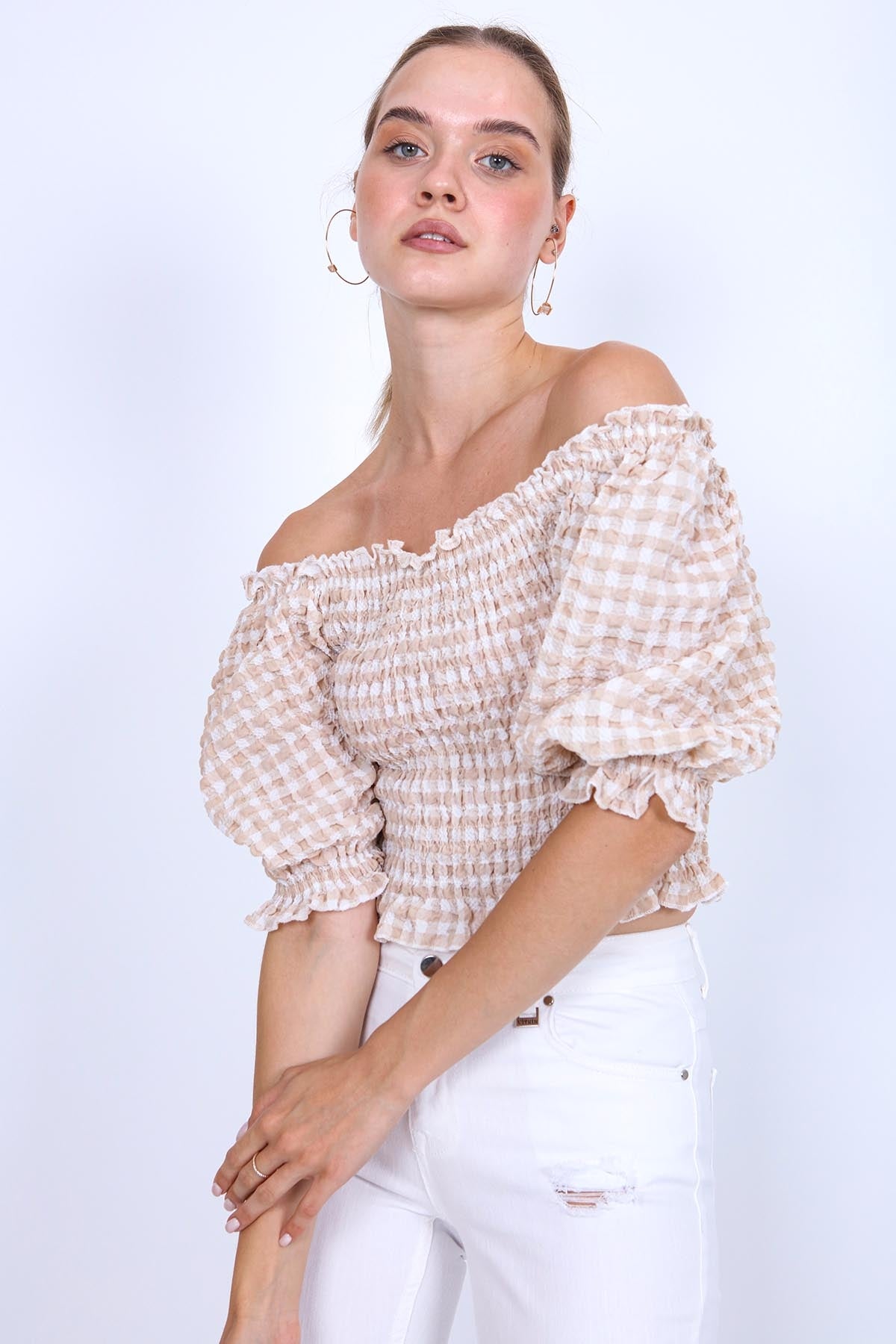 CHECKERED PATTERN COILED BLOUSE