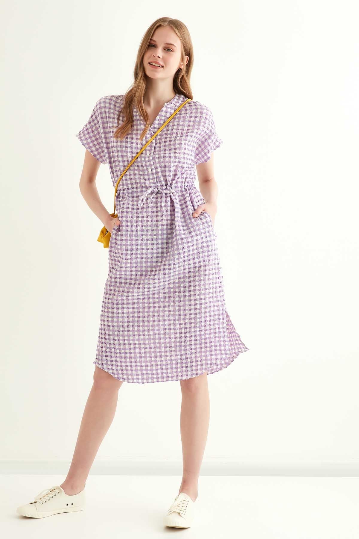 CHECKERED PATTERNED BELT-BENT LOW SLEEVE DRESS
