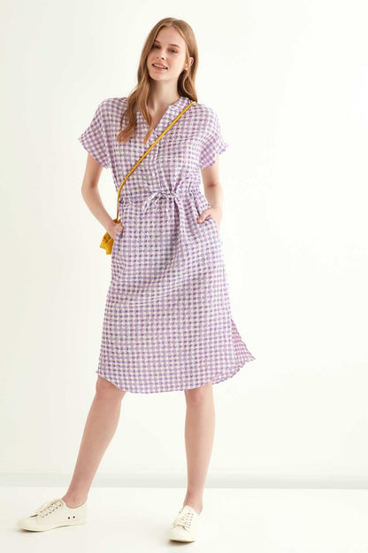 CHECKERED PATTERNED BELT-BENT LOW SLEEVE DRESS