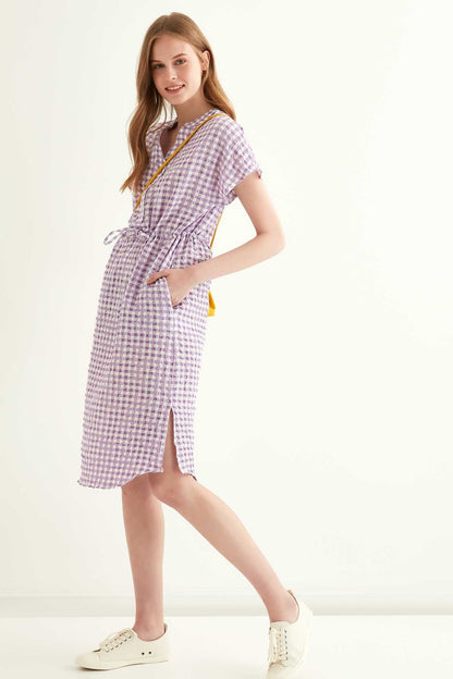 CHECKERED PATTERNED BELT-BENT LOW SLEEVE DRESS