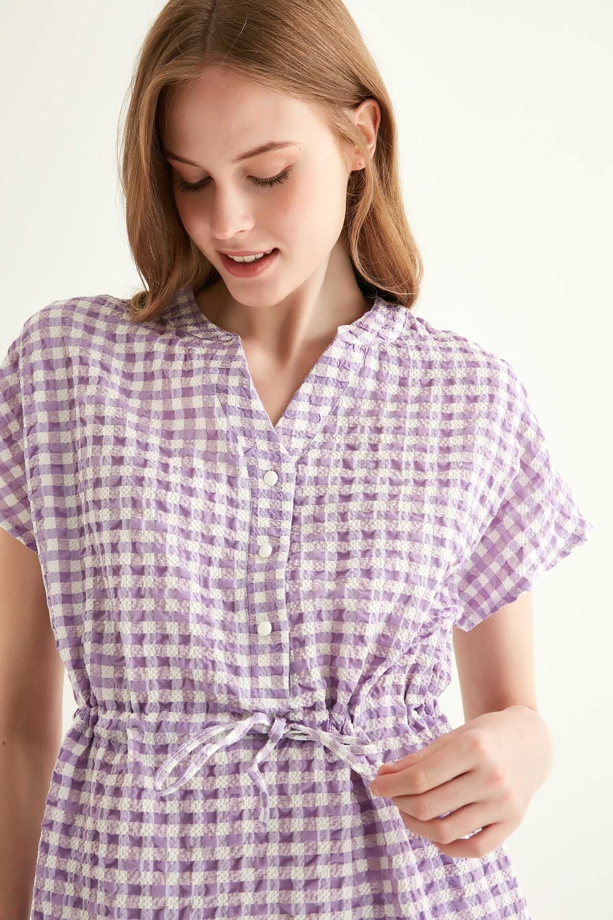 CHECKERED PATTERNED BELT-BENT LOW SLEEVE DRESS