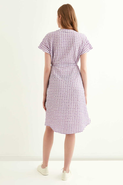 CHECKERED PATTERNED BELT-BENT LOW SLEEVE DRESS
