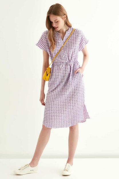 CHECKERED PATTERNED BELT-BENT LOW SLEEVE DRESS