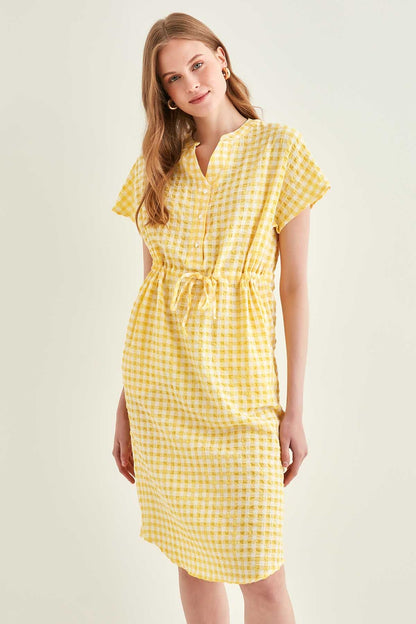 CHECKERED PATTERNED BELT-BENT LOW SLEEVE DRESS