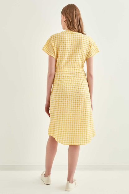 CHECKERED PATTERNED BELT-BENT LOW SLEEVE DRESS