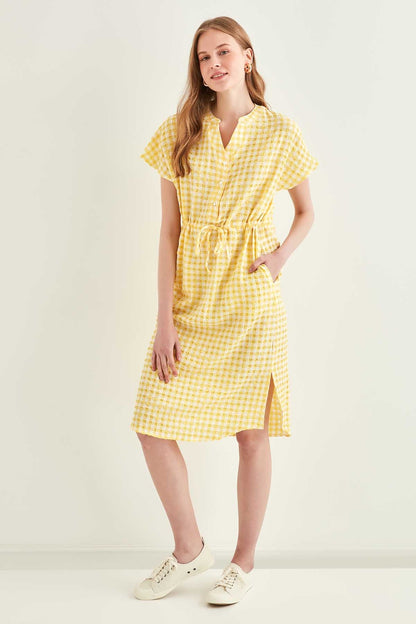 CHECKERED PATTERNED BELT-BENT LOW SLEEVE DRESS