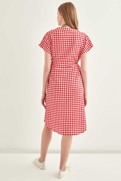 CHECKERED PATTERNED BELT-BENT LOW SLEEVE DRESS