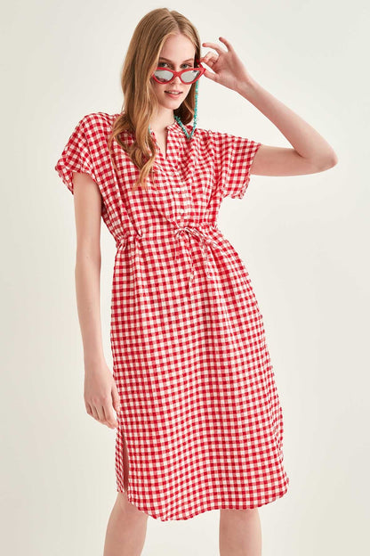 CHECKERED PATTERNED BELT-BENT LOW SLEEVE DRESS