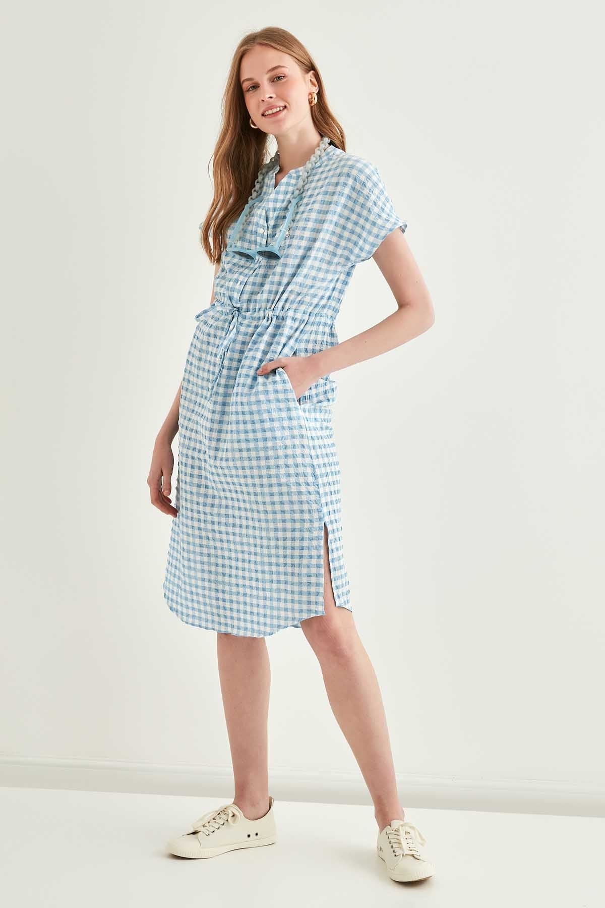 CHECKERED PATTERNED BELT-BENT LOW SLEEVE DRESS