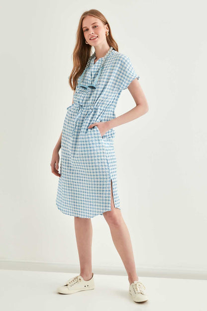 CHECKERED PATTERNED BELT-BENT LOW SLEEVE DRESS
