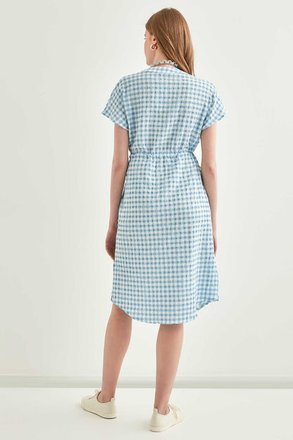 CHECKERED PATTERNED BELT-BENT LOW SLEEVE DRESS