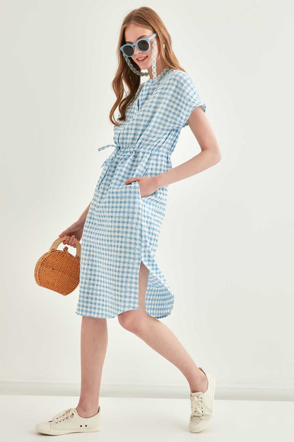 CHECKERED PATTERNED BELT-BENT LOW SLEEVE DRESS