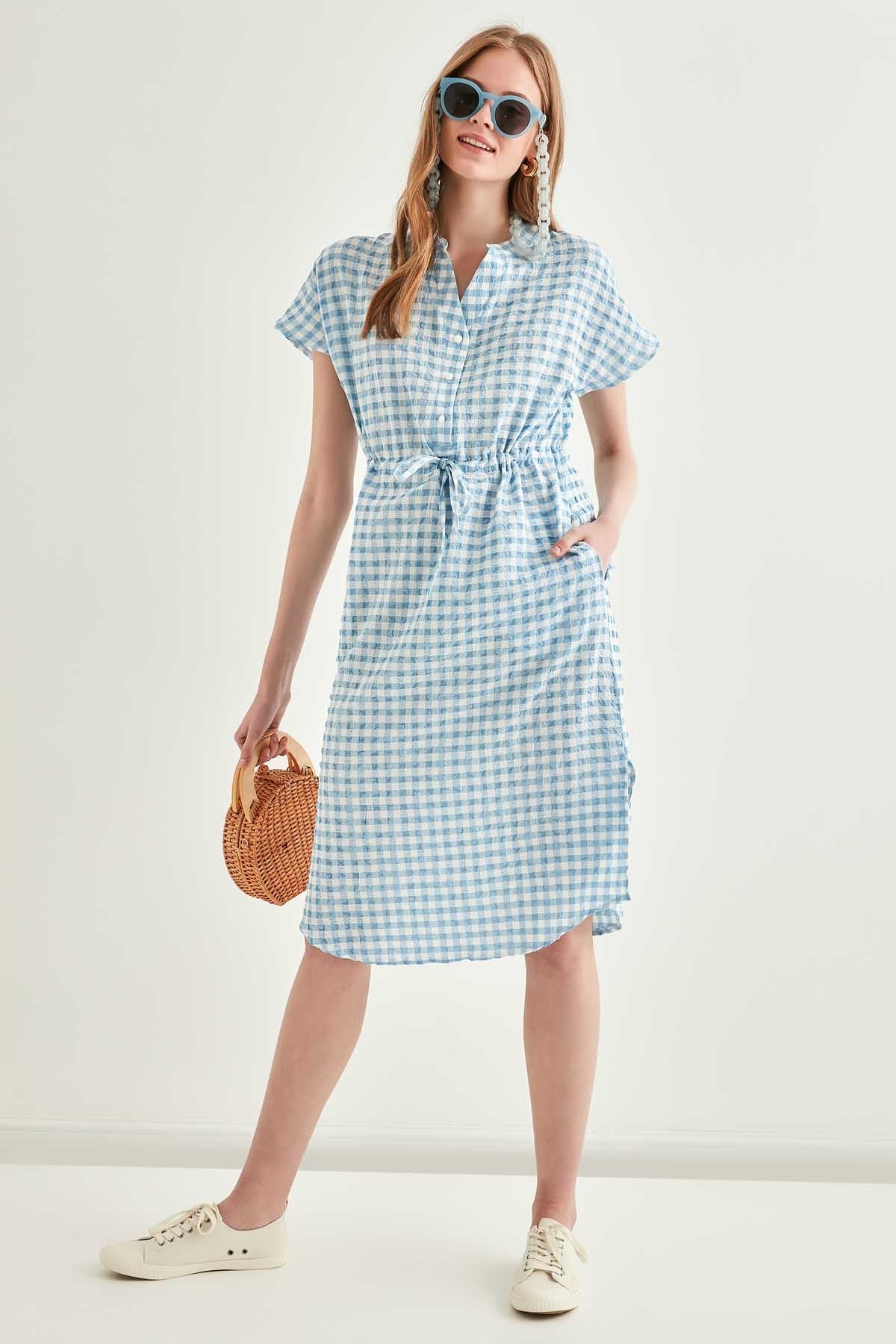 CHECKERED PATTERNED BELT-BENT LOW SLEEVE DRESS