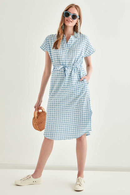 CHECKERED PATTERNED BELT-BENT LOW SLEEVE DRESS