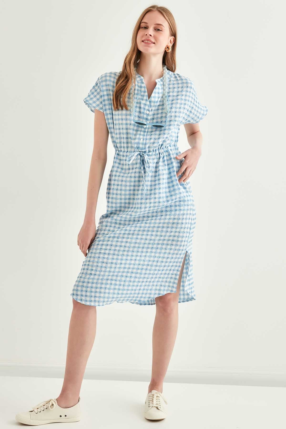CHECKERED PATTERNED BELT-BENT LOW SLEEVE DRESS