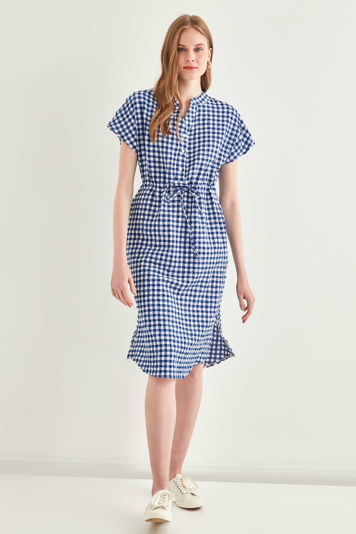CHECKERED PATTERNED BELT-BENT LOW SLEEVE DRESS