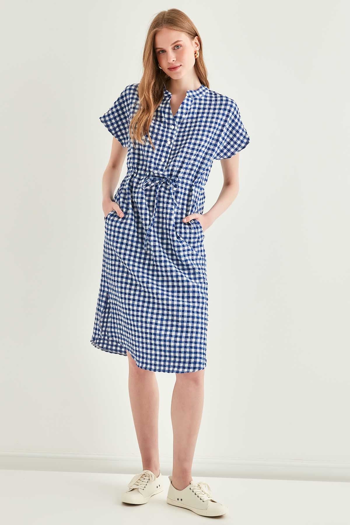 CHECKERED PATTERNED BELT-BENT LOW SLEEVE DRESS