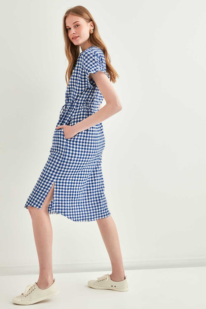 CHECKERED PATTERNED BELT-BENT LOW SLEEVE DRESS