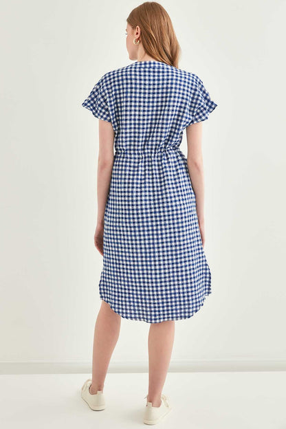CHECKERED PATTERNED BELT-BENT LOW SLEEVE DRESS
