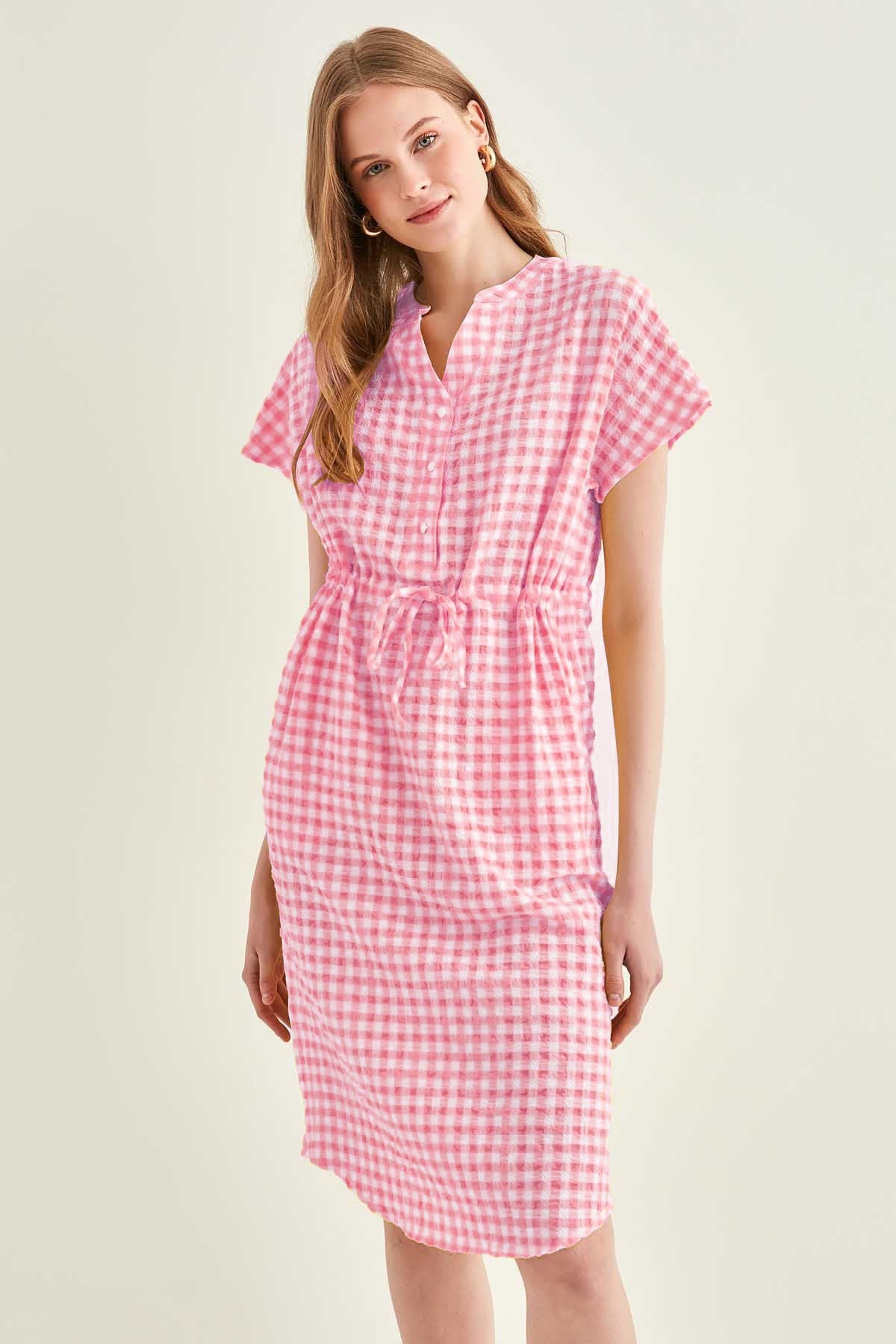 CHECKERED PATTERNED BELT-BENT LOW SLEEVE DRESS