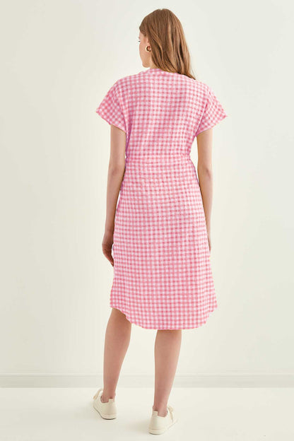 CHECKERED PATTERNED BELT-BENT LOW SLEEVE DRESS