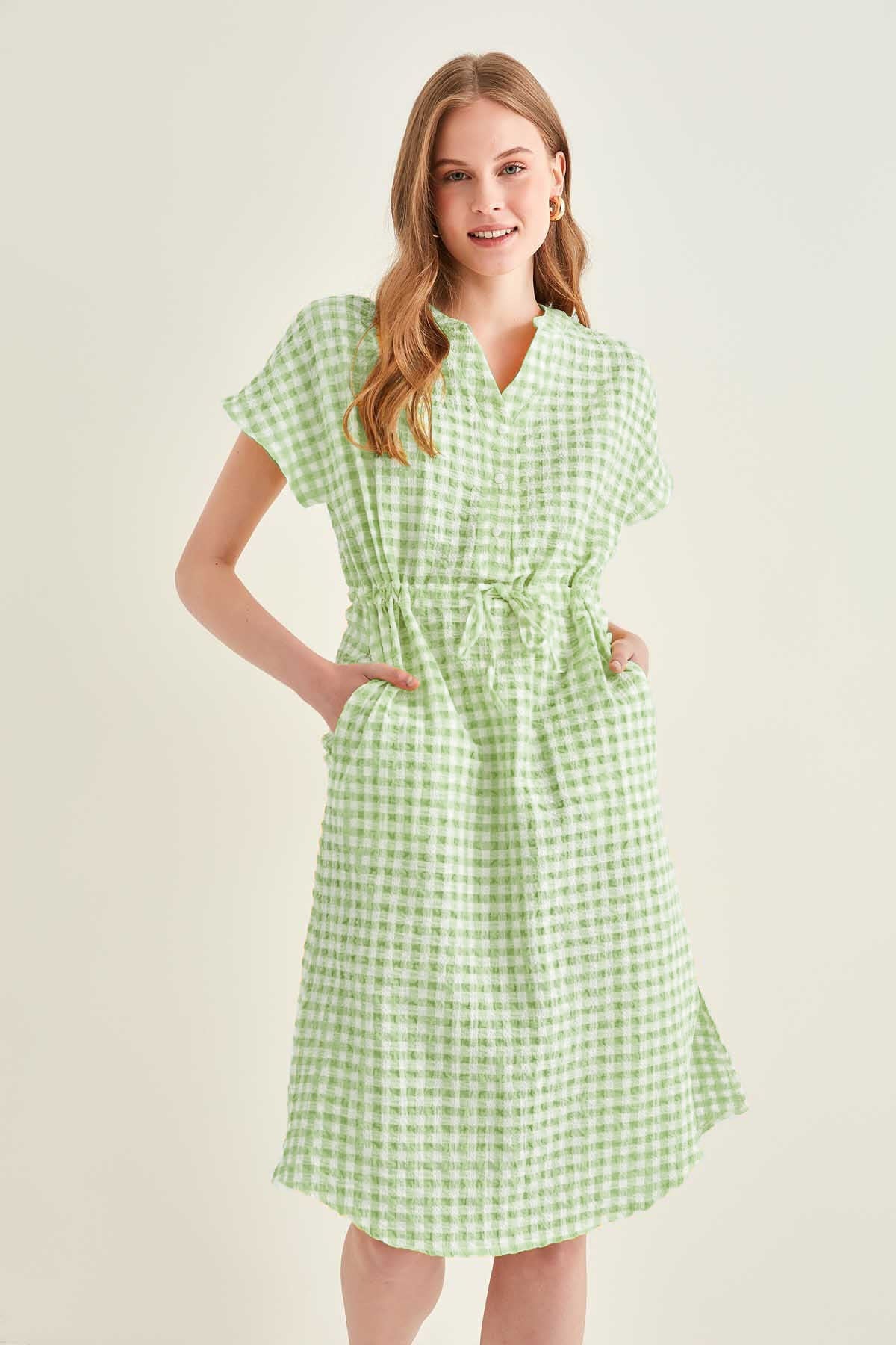 CHECKERED PATTERNED BELT-BENT LOW SLEEVE DRESS