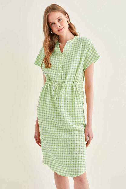 CHECKERED PATTERNED BELT-BENT LOW SLEEVE DRESS