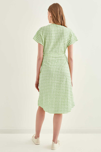 CHECKERED PATTERNED BELT-BENT LOW SLEEVE DRESS