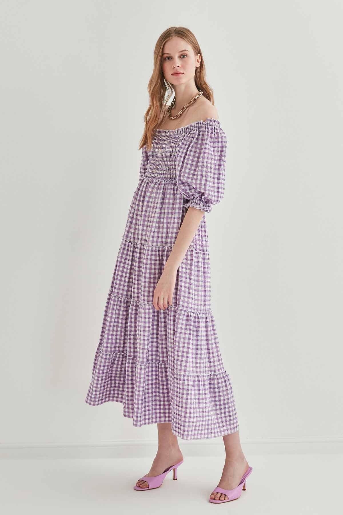 CHECKERED COILED LONG COUNTRY DRESS