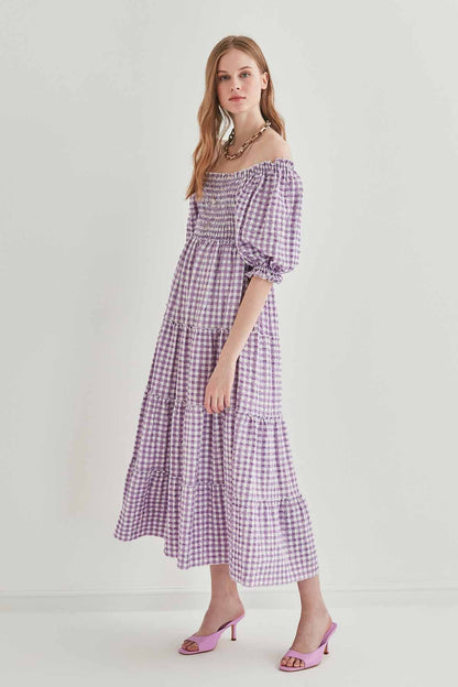 CHECKERED COILED LONG COUNTRY DRESS