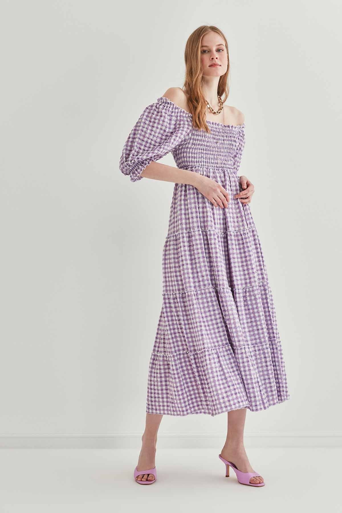 CHECKERED COILED LONG COUNTRY DRESS