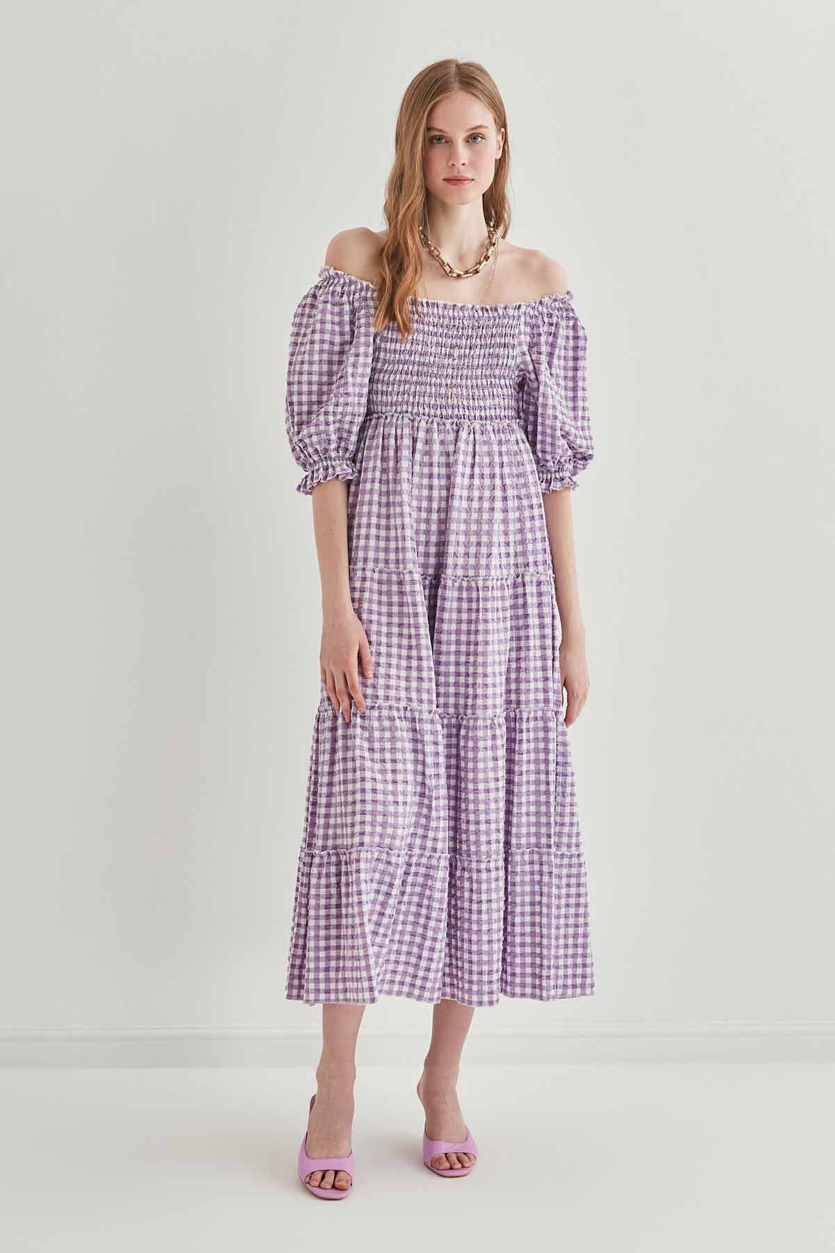 CHECKERED COILED LONG COUNTRY DRESS