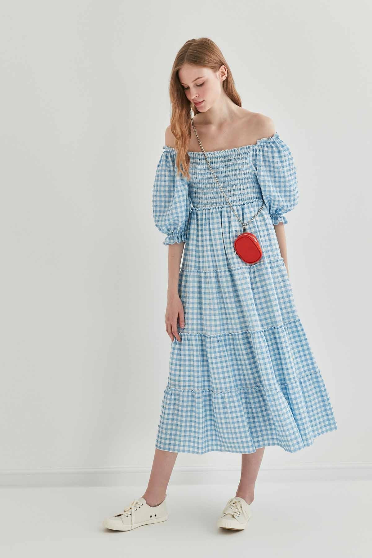 CHECKERED COILED LONG COUNTRY DRESS